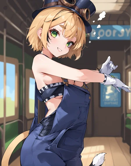 score_9, score_8_up, score_7_up, source_anime, anime, BREAK, best quality, very aesthetic, crisp image, absurdres, hotfiy, <lora:doobyPonyXL:1>, 1girl, dooby, short hair, tail, overalls, tube top, hat, goggles, green eyes, hair ornament, white gloves, cowboy shot, smug, looking at viewer,