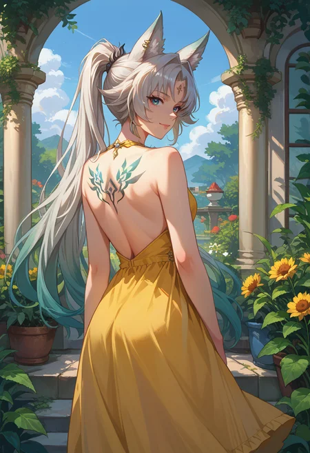 score_9, score_8_up, source_anime, 1girl, solo, Feixiao, animal ears, long hair, ponytail, gradient hair, white hair, blue eyes, forehead jewel, ear piercing, hair ornament, from behind, yellow sundress, garden, day, sunshine, smile, looking back, back tattoo, shoulder blades, nape, <lora:ChamFeixiaoPonyXL:1>