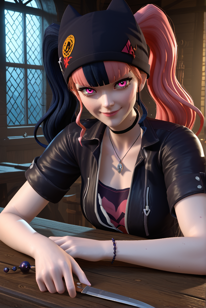 score_9, score_8_up, score_7_up, score_6_up  <lora:Dramatic Lighting Slider:2> <lora:Zoe_Rayne__Palworld:0.8> zoeraynepalworld as a medieval rogue in a torchlit stone tavern, close-up on her face and upper torso, gazing at the viewer with a cunning smirk. Her pink and black twintails are loosely braided, adorned with small iron beads, and a tattered leather cap replaces her beanie, tilted rakishly. Her pink eyes glint under the flickering amber glow of torches. Sheâs clad in a patched leather doublet with a pink-to-black gradient, a dagger strapped to her chest. Leaning on a scarred wooden table, she toys with a stolen Pal-enchanted amulet, its faint glow casting shadows on her face. The tavernâs smoky air swirls behind her, with faint silhouettes of rogues and a stormy medieval Palpagos visible through a cracked window. Gritty, cinematic, ultra-detailed, moody lighting, 4K resolution.