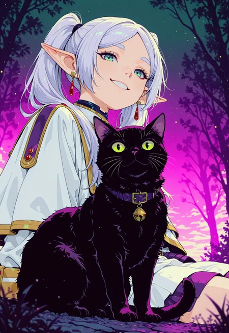 <lora:ck-shadow-circuit-IL:0.78>, Frieren, smiling, holding black cat, enchanted forest,no hand in frame,
masterpiece, best quality, good quality, very aesthetic, absurdres, newest, 8K, depth of field, focused subject,
 close up, stylized, wabi sabi, 1girl,  looking at viewer, dynamic angle, from below, from side, relaxing
<lora:MoriiMee_Gothic_Niji_Style_Illustrious_r1:0.45>
<lora:ck-nc-cyberpunk-IL-000011:0.4>
<lora:ck-neon-retrowave-IL:0.8> , in the style of cksc, in the style of cknc, artist:moriimee, in the style of ck-rw