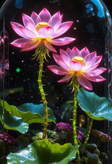 Ultra-realistic 8K resolution, Octane render, Unreal Engine 5 masterpiece, dark academia aesthetic, enchanted glass terrarium containing: two Sacred Lotus with translucent pink gemstone petals (vitreous refraction), metallic green stems (bioluminescent vascular system), bright yellow and green core, fractured amber glass veins pulsing with trapped starlight, quantum foam escaping through dimensional cracks, non-Euclidean spacetime geometry, vantablack void background with gravitational lensing distortion, chrono-crystalline lattice framework, volumetric photon mapping event horizon glow, subsurface scattering in petal nanostructures, hyperdetailed microbiology under gemstone epidermis, gothic biodigitalpunk style blending ZdzisÅaw BeksiÅski and Ernst Haeckel, photorealistic macro photography meets celestial cartography, <lora:flux.1_lora_flyway_Epic-detail_v2:0.4> <lora:flux-photo_v6:0.4> <lora:FluxDFaeTasticDetails:0.4> <lora:42lux-UltimateAtHome-flux-highresfix:0.25>