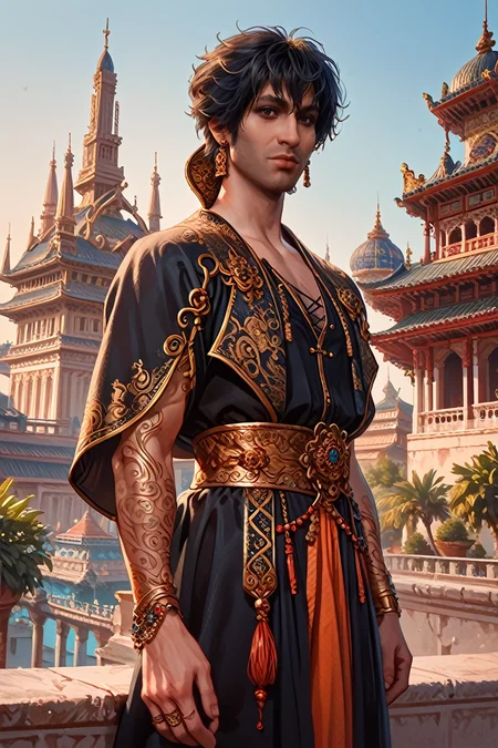 score_9, score_8_up, score_7_up, score_6_up
<lora:BGGortash:0.8>
BGGortash, 1boy, short hair, black hair, looking at viewer, wearing a traditional Indian sherwani, standing in front of a grand palace, intricate architecture, vibrant colors, regal and composed, warm evening light