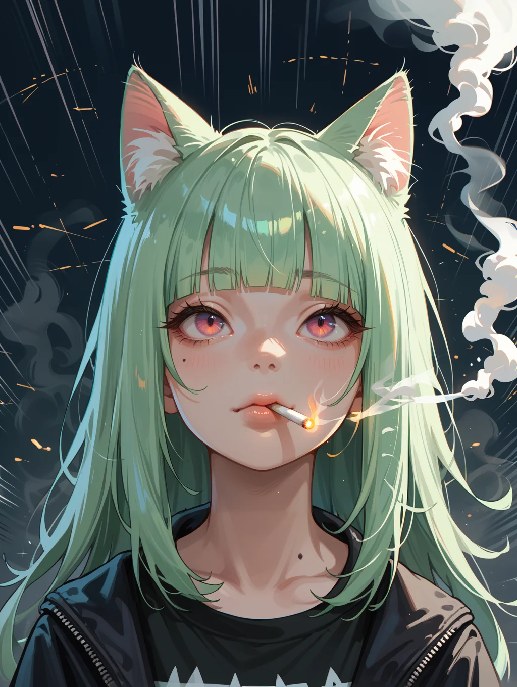 score_9, score_8_up, score_7_up, source_anime,
animal ears, 1girl, solo, cat ears, smoke, :3, cat ears, smoking, emphasis lines, bangs, blunt bangs, looking up, cigarette, light green hair,