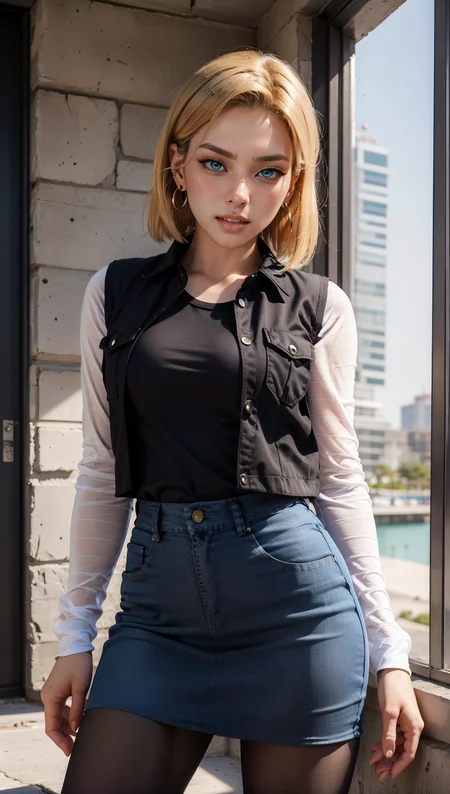 masterpiece, best quality, intricate detail,  <lora:android_18_v110:0.6> android_18, and18, 1girl, android 18,  dragon ball z setting,  solo, blonde hair, short hair,  blue eyes, earrings, jewelry, denim vest, open vest, black pantyhose, black shirt, denim skirt, striped long sleeves, blue skirt,   clenched teeth,  <lora:emotion_angry_slider_v1:0.8>