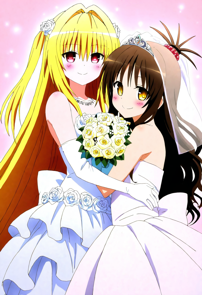 masterpiece, best quality,   2girls, hug, blush,  smile, looking at viewer,   konjiki no yami, 1girl, solo, red eyes, long hair, blonde hair, two side up, hair between eyes, hair intakes, very long hair, yuuki mikan, 1girl, solo, yellow eyes, long hair, brown hair,    bride, wedding dress, bridal veil, strapless dress, elbow gloves, holding bouquet, smile, looking at viewer,  ,<lora:ToLoveRu_Style_NAI:1.0>,
