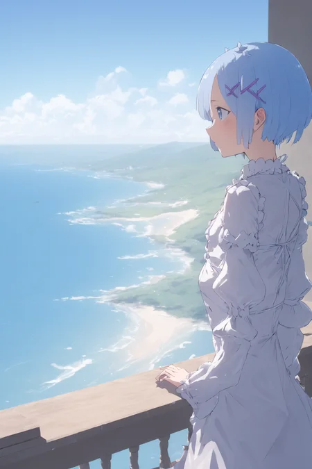 1girl, solo, Rem \(re\:zero\) <lora:rem:0.75>, beautiful scenery, ocean view, maintain view, detailed background, vivid
