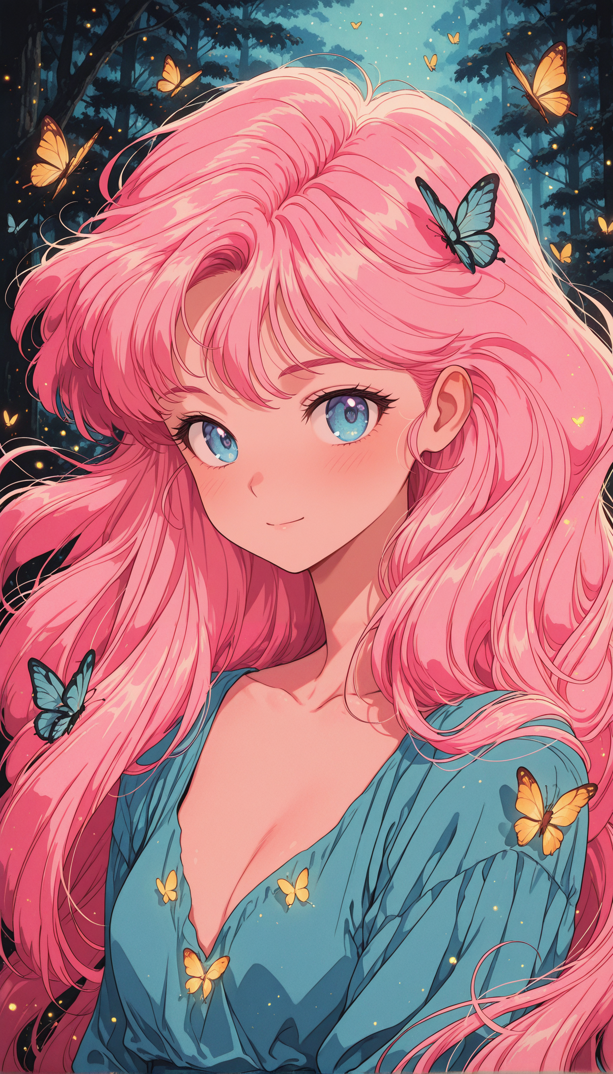 1girl, dreamy portrait, flowing hair, tiny glowing stars, detailed butterflies, soft blush, whimsical forest, masterpiece, best quality, amazing quality, very aesthetic, absurdres, detailed eyes, newest, <lora:PinkieRetroAnimeIL:1>, pinkretroanime, retro art,