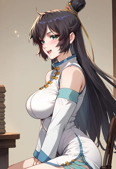 safe_pos, zPDXL3, score_9_up, score_8_up, score_7_up, Anime_source, 1girl, large breast, cowboy shot, SueLiyue, green eyes, black hair, long hair, updo hair, Liyue clothes, sitting on chair, from side, looking at viewer, open mouth, blush, happy, ancient indoor