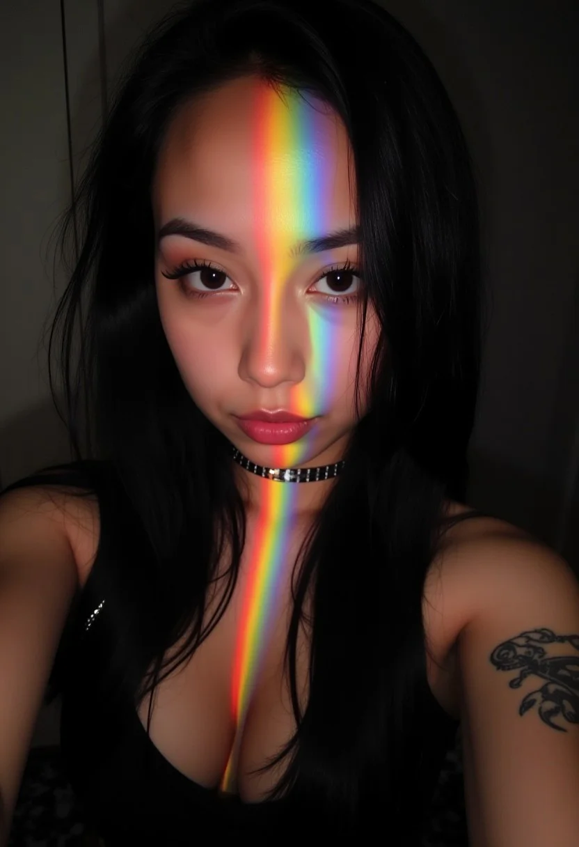Instagram Selfie of Goth Girl, Full body from above, long hair, rainbow colored light rays on her face, tattoo, selfie, tessellations, 1girl, midjourneyv6.1, detailmaximizer