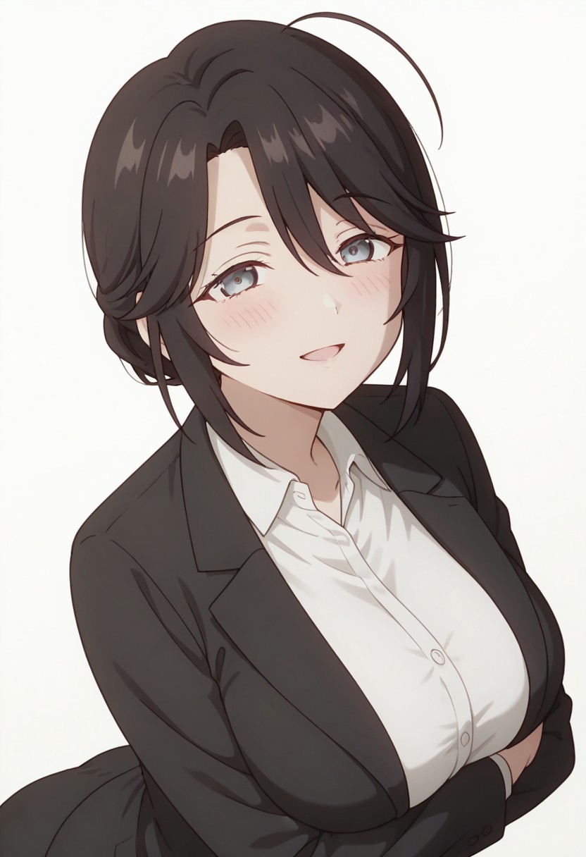 YumiSuou, 1girl, mature female, black hair, short hair, ahoge, grey eyes, white shirt, collared shirt, black jacket, masterpiece, best quality, amazing quality, very aesthetic, absurdres, highres, newest, (anime screencap), (white background:1.3), (from side:0.3), looking at viewer, happy, blush, arms under breasts, bent over,