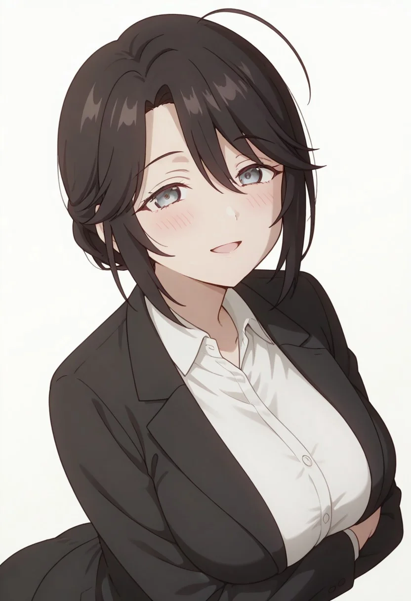 YumiSuou, 1girl, mature female, black hair, short hair, ahoge, grey eyes, white shirt, collared shirt, black jacket, masterpiece, best quality, amazing quality, very aesthetic, absurdres, highres, newest, (anime screencap), (white background:1.3), (from side:0.3), looking at viewer, happy, blush, arms under breasts, bent over,