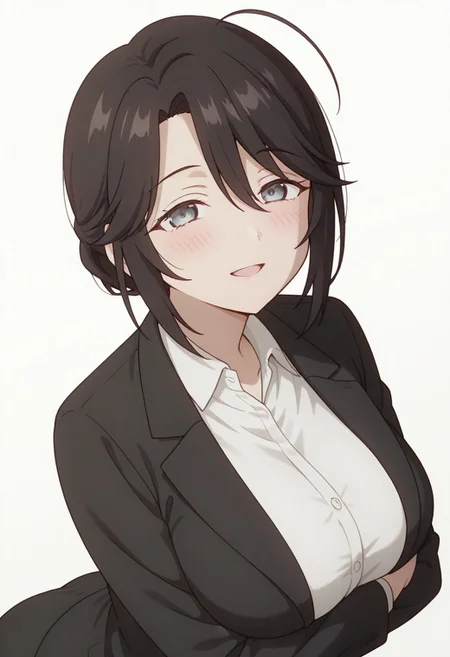 YumiSuou, 1girl, mature female, black hair, short hair, ahoge, grey eyes, white shirt, collared shirt, black jacket, masterpiece, best quality, amazing quality, very aesthetic, absurdres, highres, newest, (anime screencap), (white background:1.3), (from side:0.3), looking at viewer, happy, blush, arms under breasts, bent over,