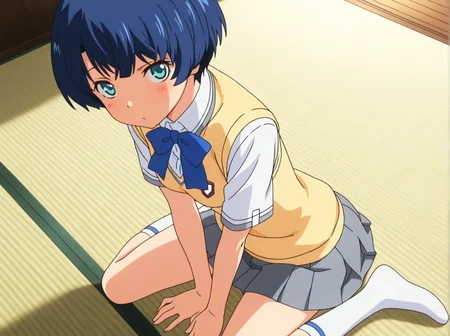 (masterpiece:1.4), (best quality:1.4),,absurdres,anime screenshot
1girl,female focus,solo,,detailed eyes,1girl,
tanigawa_kanna,  
blue hair, short hair, blue eyes,   aqua eyes, looking at viewer, 
school uniform, sweater vest, skirt, ,white socks,blue stripe,pleated skirt,no shoes
sitting,looking at viewer,
tatami,from above,wariza,dutch angle
 <lora:kanna:1>