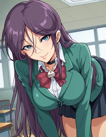 score_9, score_8_up, score_7_up, source_anime,
reikashichijou, <lora:reika-shichijou-ova-ponyxl-lora-nochekaiser:1>,
reika shichijou, long hair, blue eyes, large breasts, purple hair,
school uniform, blazer, green blazer, long sleeves, skirt, black skirt, pleated skirt, bowtie, red bowtie,
indoors, classroom, bent over, smile,
looking at viewer, cowboy shot, solo, dutch angle,
