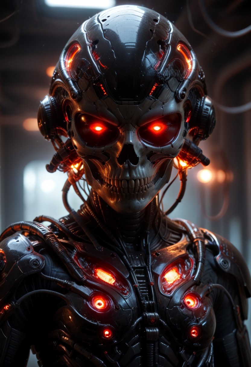score_9, score_8_up, score_7_up, BExoS, science fiction, glowing eyes, cyborg, humanoid robot, wires, black skull helmet, red glowing eyes, looking at viewer, standing, head and chest focus), (photorealistic), (masterpiece),