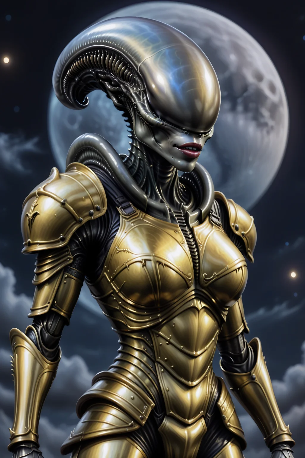 realistic artwork of a medieval knight in shiny golden plate armor female xenomorph <lora:female_xenomorph_xenowaifu_sdxl:0.8> frontal view, smirking, lips, night sky with nebula galaxy, moon, half body shot