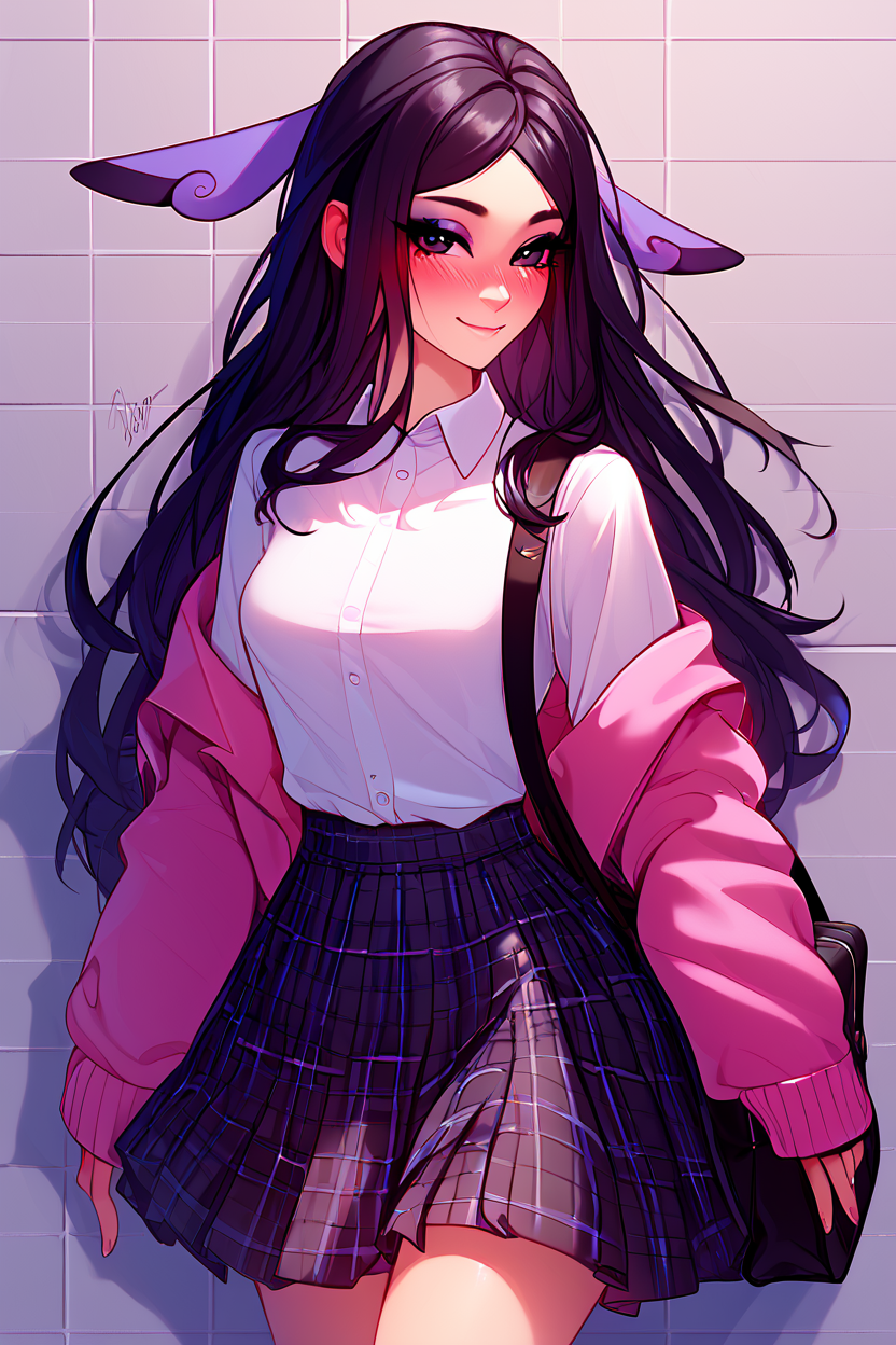 score_9, score_8_up, score_8, medium breasts, (curvy), cute, eyelashes,       BREAK,  zzValerie, long hair, black hair, black eyes, parted bangs, eyeshadow, hair ornament,    <lora:ValeriePokemonPDXL:0.8>,   BREAK, closed mouth, alternate costume, smile, looking at viewer, collared shirt, blush, sweater, black skirt, eyelashes, long sleeves, sleeves past wrists, plaid skirt, shoulder bag, black bag, blurry, tile floor, pleated skirt, white shirt,  embedding:zPDXL, Expressiveh,  <lora:LFashionPDXL:1>,  <lora:Uncensored_PonyXL_cpt_v02.09:0.4>,  <lora:Expressive_H-000001:0.4>,