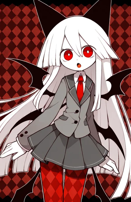 masterpiece,best quality,amazing quality,very aesthetic,absurdres,newest,score_9_up,(score_8_up),score_7_up,detailed face,detailed eyes,Highest Quality,perfect eyes,ultra-detailed,amazing quality,very aesthetic,perfect composition,intricate details,absurdres,(SuperQuality_1.0) ~ (SuperQuality_1.2),Smooth Quality,funamusea,funamusea \(artist\),brown hair,blue eyes,<lora:OkegomStyle:0.6>,<lora:ArbuzAter:0.8>,1girl,animal ears,bat wings,blazer,cat ears,checkered clothes,checkered legwear,jacket,long hair,low wings,multiple wings,necktie,open mouth,pantyhose,pleated skirt,red eyes,red pantyhose,school uniform,skirt,solo,very long hair,white hair,wings,