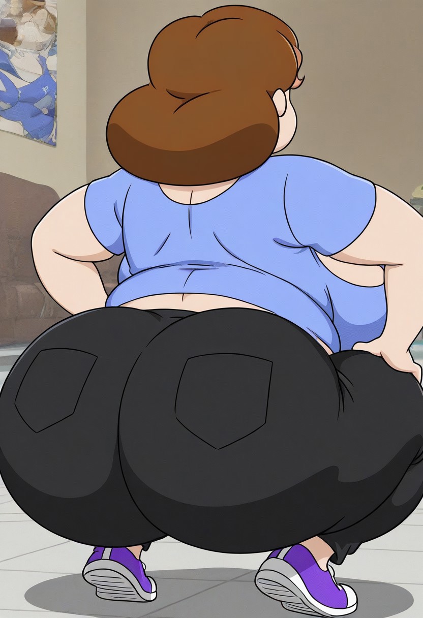 official art,art accurate,screencap,accurate,1female,solo
breasts,bbw,fat,brown hair,plump
blue shirt,black pants,cleavage
hyper ass,squatting,huge ass,back view,ass view
ass focus,face out of frame