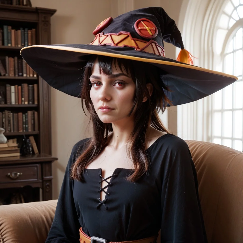 score_9, score_8_up, score_7_up, score_6_up, score_5_up, score_4_up, rating_safe,source_photorealistic,upper body,1girl,megumin,witch hat,black dress,indoors,living room