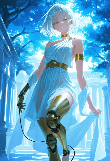 mechabare,
artist:[diyokama|say hana|yoneyama mai|quasarcake],
1girl, mechanical arms, mechanical legs, mechanical parts, solo, cable, robot joints, cyborg, tube, wire, nsfw, toga, white dress, armlet, looking at viewer, ancient greek clothes, see-through clothes, shawl, greco-roman clothes, white hair, loose hair strand, gold choker, bare shoulders, foot dangle, parted lips, looking at viewer, colored eyelashes, long eyelashes, half-closed eyes, forked eyebrows, green eyes, smile, greco-roman architecture, tree shade, outdoors,
bright, [blue:gold:10] theme, high contrast, backlighting, spot color, impasto,
masterpeice, best quality, very aesthetic, absurdres