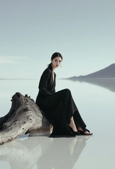 A timeless, monochromatic fashion editorial photograph capturing a striking Japanese model, poised elegantly on a piece of driftwood in the middle of a vast, mirror-like salt flat reminiscent of Salar de Uyuni. Seated with a calm confidence, she gazes directly at the viewer, her expression serene yet powerful, as if she holds a world of stories within her silence. Her attire is a modern reinterpretation of elegant 1960s fashion, blending minimalistic lines with subtle, tasteful colors reminiscent of Paul Smith's designs—an exquisite balance of sophistication and playfulness. The ensemble, in deep black with delicate, vibrant accents, exudes an air of understated luxury. Accessories are kept minimalist; her earrings and other jewelry are subtle, adding a gentle shimmer without drawing attention away from her refined elegance. Soft, cinematic lighting emphasizes the gentle contours of her face and the sleek lines of her attire, while her reflection shimmers perfectly on the salt flat below, creating a surreal harmony between her presence and the ethereal landscape. The photograph speaks to a beauty that transcends time, a poetic homage to the grace and quiet power of femininity. Shot in ultra-high resolution, 32K UHD, sharp focus, cinematic film style, capturing every nuanced detail in fabric, texture, and expression. Sony A7R IV 60MP, Sony FE 50mm f/1.4 GM II Lens, F/8.0, award-winning picture, extremely realistic, beautiful and aesthetic, very rich details, 4k, 8k,