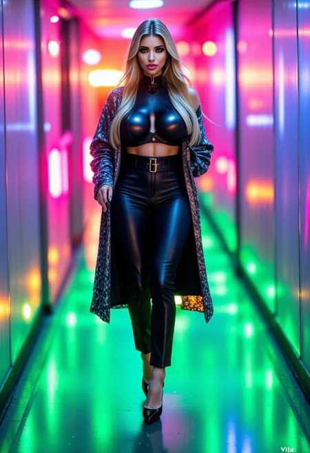 AIDILETTA,green eyes,pointed nose,blonde hair with black roots,huge breasts,athletic body,soft curvy hips,long slender legs. A model strides confidently down a sleek, reflective hallway, exuding elegance and mystery. She wears a striking black bra and high-waisted bottoms that accentuate her silhouette, complemented by a sheer, iridescent coat draped over her shoulders. The coat reflects vibrant neon hues of pink, green, and electric blue, casting a dazzling spectrum of colors across her skin.
Gianmarco Lorenzi Pumps
On her feet, she wears stiletto heels that add height and poise, each step echoing softly on the glossy floor.
The lighting in the hallway is artfully arranged, with neon fixtures casting a dreamlike glow. Every color bounces off her coat and skin, creating a mesmerizing display of shifting patterns that move with her. Her expression is intense, with slightly parted lips that add allure and depth to her gaze.
The vibrant colors in the scene, reflected on the polished floor, seem to dance around her, immersing her in an otherworldly, futuristic aura. Reflections of pink and green shimmer on the ground, drawing the viewer’s eye to her every movement. The background is softly blurred, enhancing the focus on her, while distant, defocused lights add an additional layer of depth. This moment captures a perfect fusion of style, confidence, and ethereal light, set against a mesmerizing neon landscape.