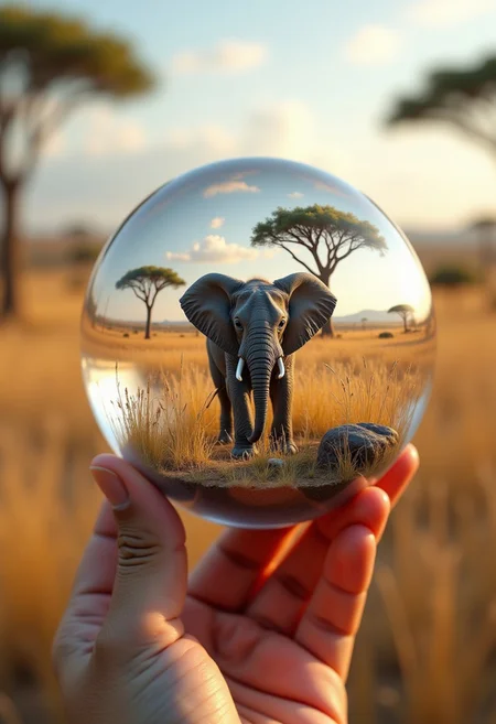 Create a high-quality, hyper-realistic, and extremely detailed image of an adorable little elephant in a savanna contained within a glass orb. The elephant is intricately detailed, with large expressive eyes, soft skin, and a gentle, playful demeanor. The savanna is richly detailed, with tall grass, trees, tall trees, tall grasss, rocks, and a few scattered trees and and grass. sun casting gentle shadows. and highlights. The glass orb is perfectly clear, with subtle reflections and refractions that enhance the realism of the scene. The orb is held in a hand, which visible muscle definition and fine details. The image is slightly zoomed out to showcase the entire sphere. The background is a soft, blurred savanna, drawing focus to the orb. and creating a serene and inviting atmosphere.