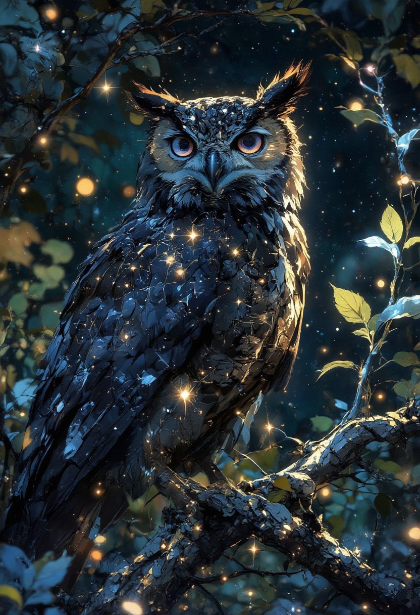 <lora:Vibrantly_sharp_style_v.2:0.5> VibrantlySharp style <lora:Anime Art V3:1.3> anime art. <lora:DGLO_style_v.81:0.5> Glossy and glistering DGLO style.  full body photograph of an black owl with galaxy sparkling stars,. sitting on a branch
