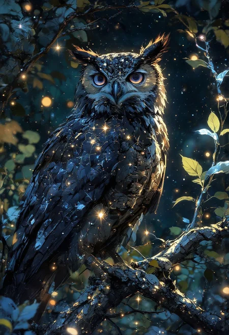 <lora:Vibrantly_sharp_style_v.2:0.5> VibrantlySharp style <lora:Anime Art V3:1.3> anime art. <lora:DGLO_style_v.81:0.5> Glossy and glistering DGLO style.  full body photograph of an black owl with galaxy sparkling stars,. sitting on a branch