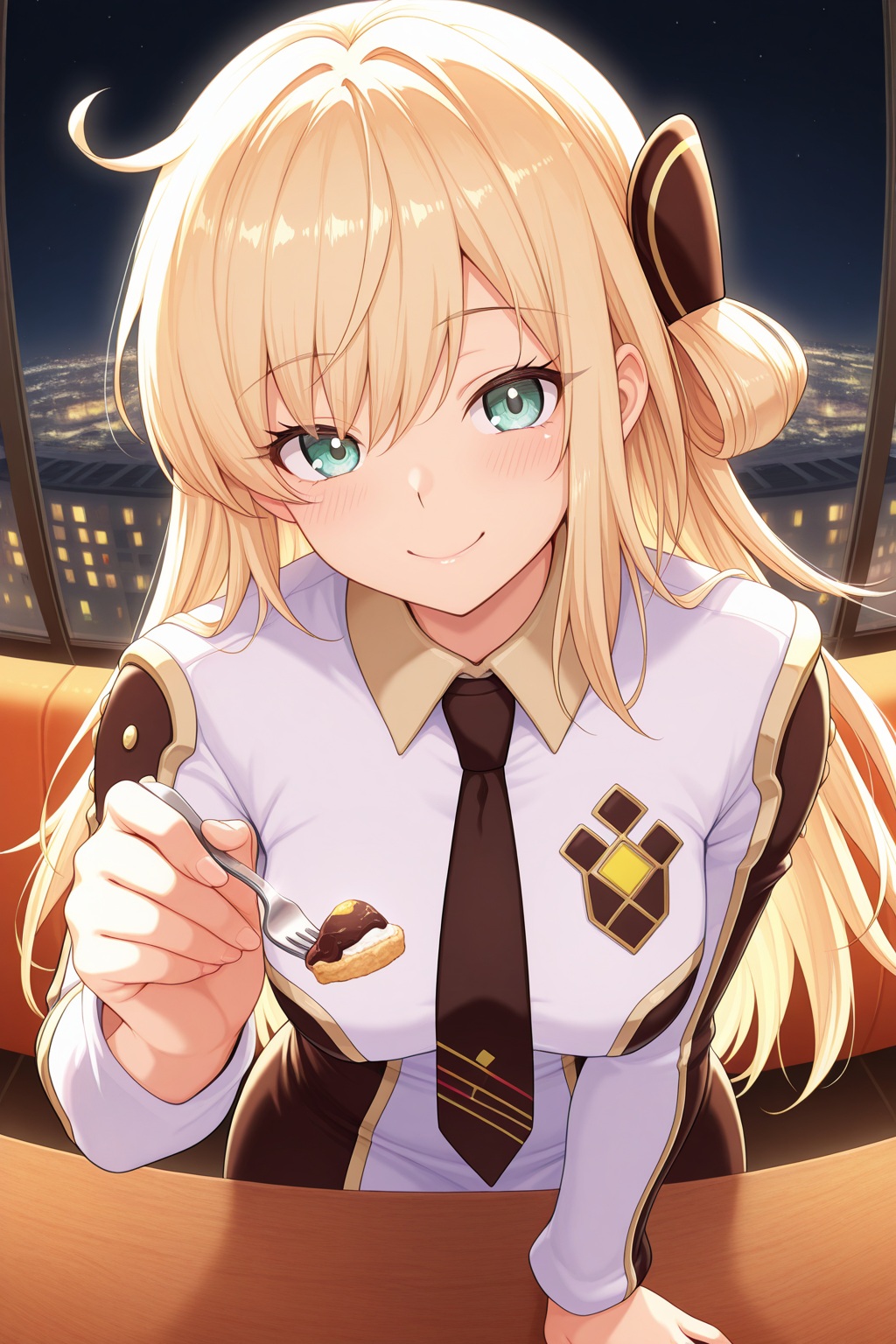 1girl, SkyStrikerAce-RayeYu-Gi-Oh, 
general, solo, perspective, pov dating, upper body,
arm up, holding fork, feeding, leaning forward,
long hair, blonde hair, eyelashes,
breasts,
hair ornament,
collared dress, black necktie, two-tone dress, 
long sleeves,
looking at viewer, dating, smile, arm support,
night, cafe, table,
<lora:kp_SkyStrikerAce-RayeYu-Gi-OhIllustrious_v1_0:1.0>,
masterpiece, best quality, amazing quality