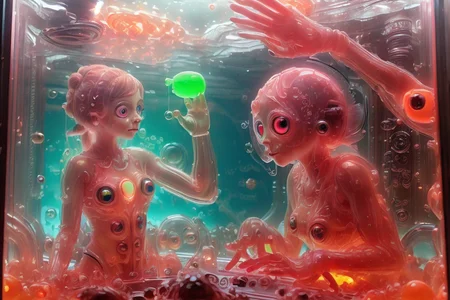 (indistinguishable from reality:1.4) (1girl looking) at scifi (fish:1.35)) with Neon Pink in aquarium, (hands on glass:1.45)), focus on hands, see-through (fishs) Orange <lora:GelatinTech:1.35>, twisted, weird, laughing like crazy, (big eyes:1.4)), art in tim burton style, isometric fractal Bioluminicense, fibonacci golden ratio