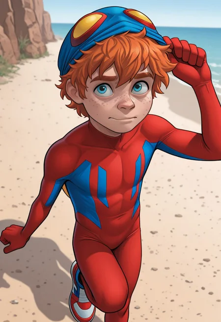 1boy, male focus, cute boy, solo, BaileyBriggs, blue Mask, Yellow Eyes, Spiderboy Costume, Two-tone Bodysuit, Red Bodysuit, Blue Bodysuit, Red Blue Sneakers, cinematic, intricately detailed illustration, depth of field, masterpiece, best quality, amazing quality, very aesthetic, absurdres, newest, very awa, shadow, dynamic angle, casual cosplay, maskLiftConcept, Mask on scalp, Orange Hair, Blue Eyes, Freckles