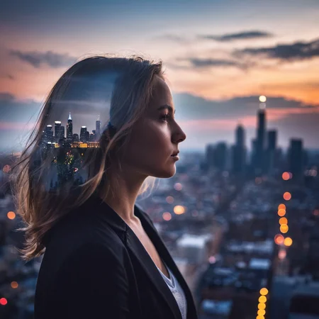 Double Exposure photography, <lora:detailed_notrigger:0.1>
<lora:facial expression style v2:0.1>
<lora:perfection style:0.1> perfection style
<lora:TeethXL:0.1>
<lora:detailed:0.1> detailed
<lora:skin texture style:0.1>
 <lora:Double Exposure style:1>
Double Exposure style superimposition style of a woman standing in front of a Double Exposure superimposition window with a city in the background, sharp, detailed, cinematic photography style, two different exposures, images layered on top of each other, photo within photo, photo on top of another photo, Multiple exposure, Superimposition style, Double Exposure style, 1girl, solo, 1boy, upper body, outdoors, sky, signature, blurry, profile, depth of field, blurry background, border, dark, black border, bokeh, cloud, from side, shadow, looking up, sunset, silhouette, looking afar, city lights, closed eyes
, double image ghost effect, image combination, double exposure style