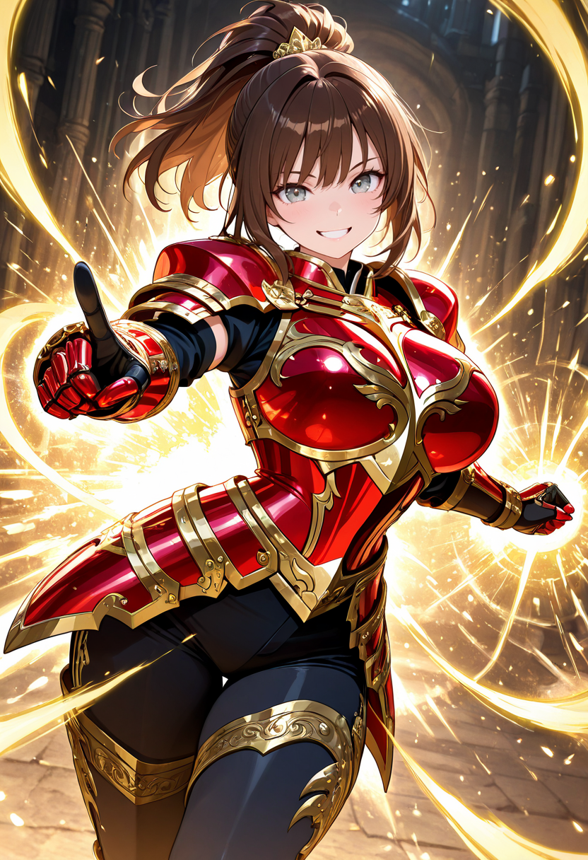 masterpiece,best quality,amazing quality, very aesthetic, ((outlined outlined vector graphics)), cute face, (glow eyes:0.5) ,  from front,  looking at viewer ,detailed background,
1girl,
20yo, brown hair, gray eyes, (large breast:1), (ponytail:1.1), medium hair,(curvy:1.1),bangs,
,solo,cute face,
smile, grin   ,  red armor, golden-mythril-armor ,  , glowing, glittering , fantasy, glimmering , pants , action pose, clothed <lora:golden-mythril-armor-il-01:0.8>