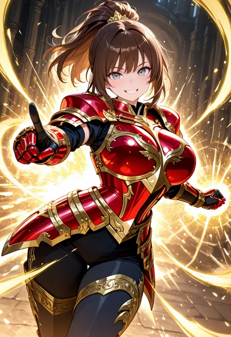 masterpiece,best quality,amazing quality, very aesthetic, ((outlined outlined vector graphics)), cute face, (glow eyes:0.5) , from front, looking at viewer ,detailed background,
1girl,
20yo, brown hair, gray eyes, (large breast:1), (ponytail:1.1), medium hair,(curvy:1.1),bangs,
,solo,cute face,
smile, grin , red armor, golden-mythril-armor , , glowing, glittering , fantasy, glimmering , pants , action pose, clothed <lora:golden-mythril-armor-il-01:0.8>