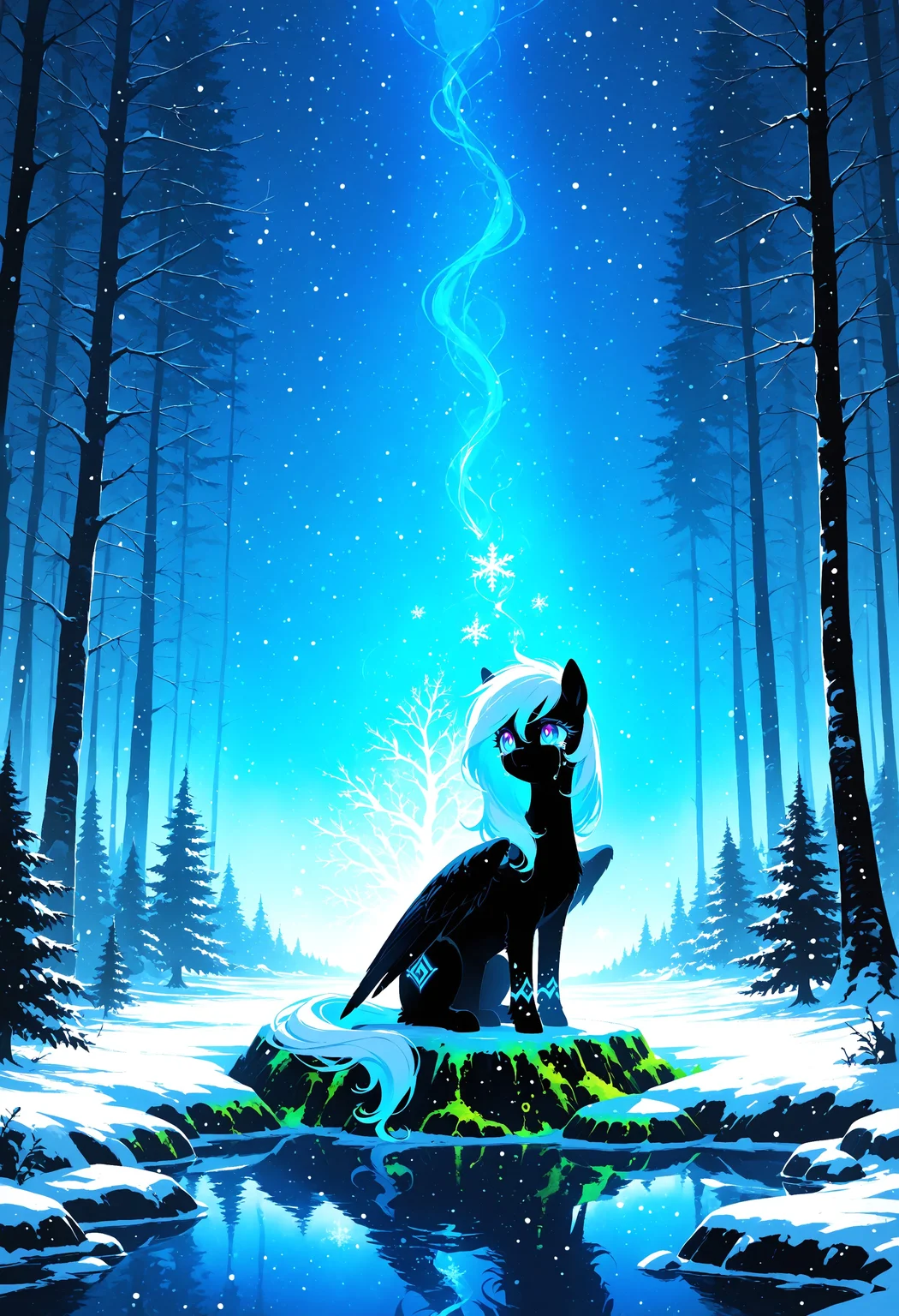 reij-incs, silhouette character, black ink, neon colors, painting, landscape, traditional media, solo BREAK 1girl, Ellenai, wild pony, feral, black body, white long hair, beautiful blue eyes, black wings BREAK sitting on grassy little island BREAK sad, crying, tear on cheek, mane in air BREAK enchanted forest at dusk, winter, ancient oak trees, ice lake, snow, glowing moss BREAK emotionally charged, cinematic lighting, delicate details, melancholy expression, ultra-detailed background, harmony of nature and sorrow