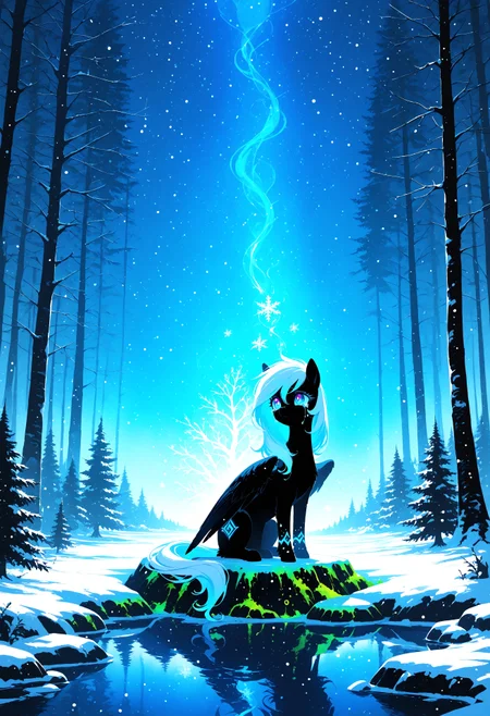reij-incs, silhouette character, black ink, neon colors, painting, landscape, traditional media, solo BREAK 1girl, Ellenai, wild pony, feral, black body, white long hair, beautiful blue eyes, black wings BREAK sitting on grassy little island BREAK sad, crying, tear on cheek, mane in air BREAK enchanted forest at dusk, winter, ancient oak trees, ice lake, snow, glowing moss BREAK emotionally charged, cinematic lighting, delicate details, melancholy expression, ultra-detailed background, harmony of nature and sorrow
