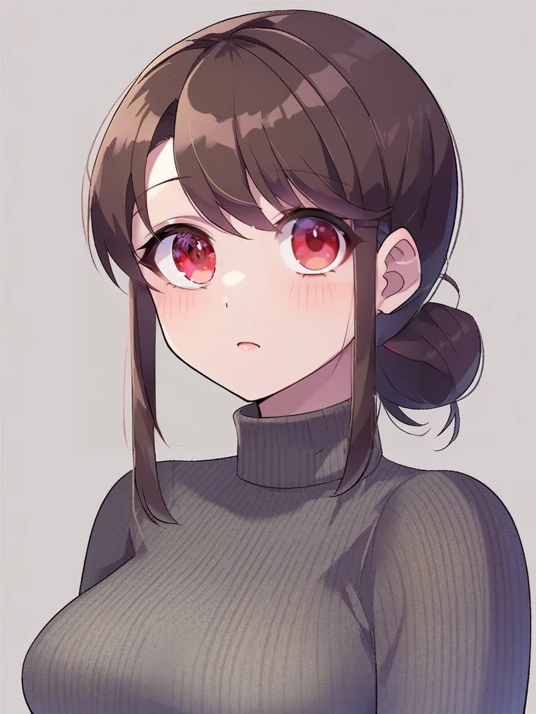 score_6_up, anime, portrait, detail face, large eyes, woman standing, red eyes,
medium breasts, sweater, skirt, motherly