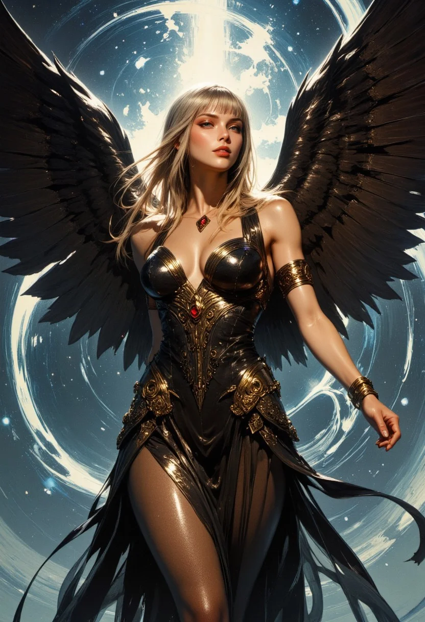 A head to thigh portrait of a dark-winged celestial woman, her body leans subtly to her left, weight shifting as if caught mid-step, enveloped in a swirling deep blue and gray mist. Her long, straight blonde hair with red tips cascades past her shoulders, with straight-cut bangs framing her pale face. Her head tilts delicately to the right, her serene expression adjusting to an unseen rhythm. A golden pendant with a glowing crimson gemstone rests just above the exposed skin of her deep V-neckline. She wears a sheer black and gold gown, its translucent fabric billowing outward, trailing behind as if caught in an unseen breeze. Embroidered celestial filigree shimmers faintly as the gown ripples in sync with the movement of her form. Her arms are behind her back, feigning innocence. Golden bracelets encircle both wrists, glinting softly as they shift with her motion. Her massive black wings unfurl in a slow, sweeping arc, iridescent feathers trembling slightly in response to the energy propelling her forward. The subtle lift in her stance suggests a moment of weightless suspension, hovering between stillness and ascension. The swirling mist coils around her, tendrils stretching and recoiling as if alive, responding to the celestial force guiding her.