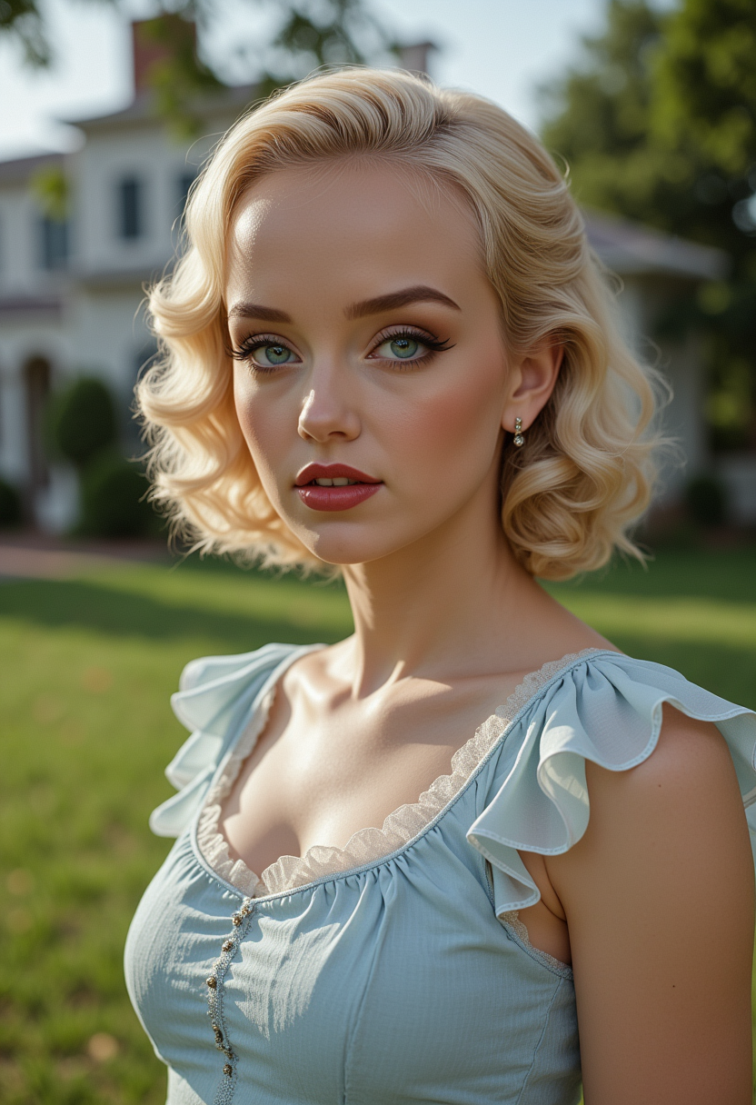 full body view, dyamic angles, multiple angles, she is looking at the camera, with adoration, retro50s_style, photoshoot poses; the image is a portrait of a S0phi@V2. she is standing. She has blonde hair. she has piercing eyes. She is cospplaying as Scarlett O'Hara from the movie gone with the wind, the a light blue frilly dress dress hangs past her knees. white high heels.  She has happy look on her face. she is laughing with her mouth open. She is outdoors, standing with a  plantation mansion in the background. The overall mood of the image is happy.RAW candid cinema,16mm,color graded portra 400 film,remarkable color,ultra realistic,textured skin,remarkable detailed pupils,realistic dull skin noise,visible skin detail,skin fuzz,dry skin,shot with cinematic camera,detailed skin texture,(blush:0.2),(goosebumps:0.3),subsurface scattering,beautiful photograph in the style of Augustus John,Sergio Toppi,Virginia Frances Sterrett,8k HD,detailed skin texture,ultra realistic,textured skin,analog raw photo,cinematic grain,whimsical.perfection style, looking at the Camera, looking at the Camera, looking at the Camera,aidmafluxpro1.1