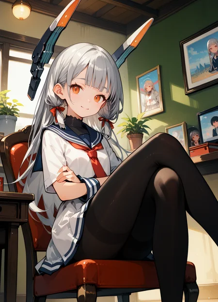 score_9, score_8_up, score_7_up , source_anime , very aesthetic ,BRAKE
<lora:murakumo.pony:1> murakumo, def, flat chest, long hair, sailor dress, orange eyes, grey hair, red necktie, ribbon, hair ribbon, sailor collar, bangs, sidelocks, white dress, tress ribbon, blue sailor collar, necktie, neckerchief,black pantyhose,
laugh, sitting, inside, hotel room, chair, sitting, crossed legs,