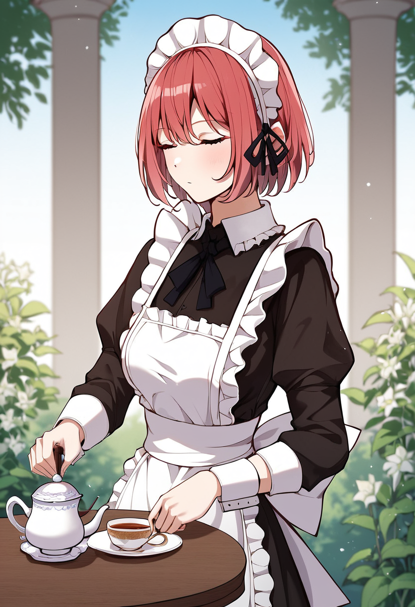 elsa_dorothy, red hair, short hair, red eyes, medium breasts, maid outfit, apron, maid headdress,  BREAK outdoors, garden, flowes, medieval table, tea cupBREAK cowboy shot,closed eyes, pouring tea, holding teapot BREAK score_9, score_8_up, score_7_up, source_anime ,zPDXL, perfect hand ,<lora:Elsa_Dorothy:0.8>
