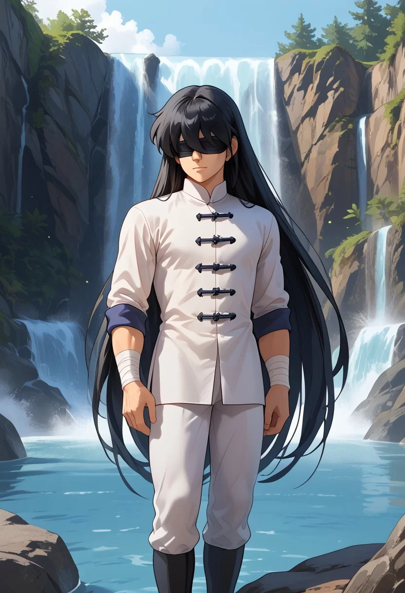 score_9, score_8_up, score_8, score_9, masterpiece, ultra high quality, hd render, male focus, Shiryu, young twink, very long hair, black hair, long bangs, hair over eyes, blindfold, eye bandages, light skin, chinese boy, chinese clothes, white shirt, shirt with ties, long shirt, white pants, black footwear,
handsome boy, narrow features, standing, dynamic pose, dynamic shot, looking at viewer, waterfall background, hd render, high quality,