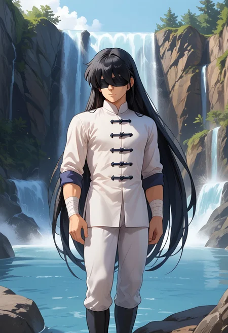 score_9, score_8_up, score_8, score_9, masterpiece, ultra high quality, hd render, male focus, Shiryu, young twink, very long hair, black hair, long bangs, hair over eyes, blindfold, eye bandages, light skin, chinese boy, chinese clothes, white shirt, shirt with ties, long shirt, white pants, black footwear,
handsome boy, narrow features, standing, dynamic pose, dynamic shot, looking at viewer, waterfall background, hd render, high quality,
