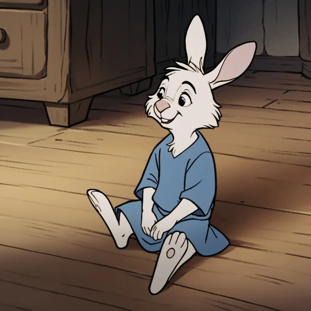 score_9, score_8_up, score_7_up, score_6_up, score_5_up, score_4_up, source_furry, skippyRH, semi-anthro, male, rabbit, white fur, blue tunic, sitting, on the floor, inside