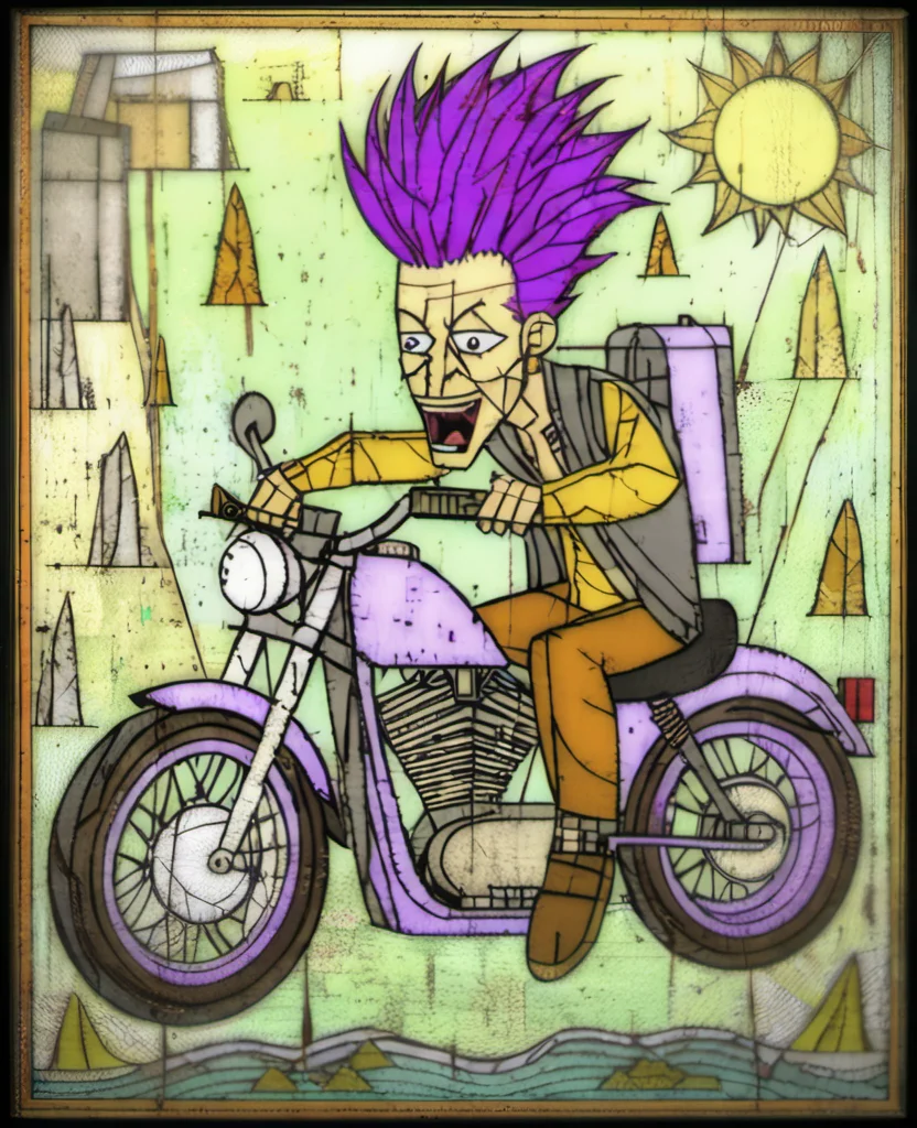rivghn style, man with a purple mohawk on a motorbike in the city <lora:rivghnXL3-000039:1>