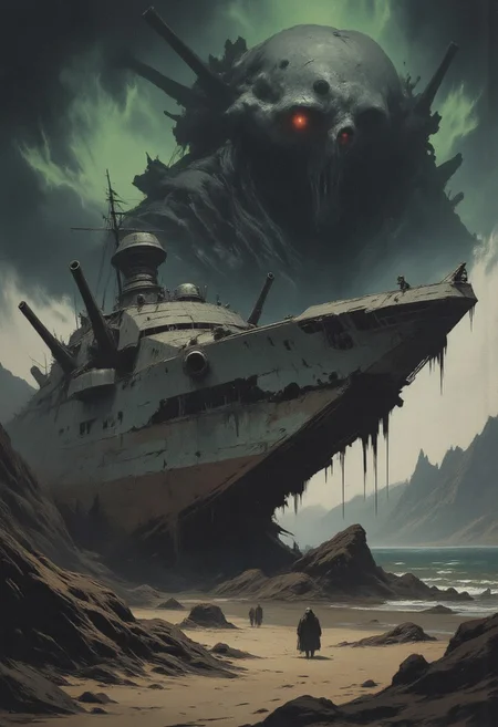 A highly detailed surreal painting depicting a massive ghostly Doomsday battleship, its angular hull battered and battered, stranded on a rocky coastline but its massive guns still posing a threat, a dramatic swirling sky looms overhead casting an ominous light across the entire scene, rough, drybrush-style textures complement the battered, abandoned nature of the ship and its desolate surroundings, jagged mountains can be seen in the distance, dark, gothic, fantastical, symbolic, unsettling, intricate, highly detailed, dark ominous lighting, detailed, complex textures, organic forms intertwined with mechanical elements,This art combines elements of dystopian gothic and surrealism to create a visually striking and unsettling image. metal reflections, color contrast, tenebrism, best quality, masterpiece, high resolution, super detailed, precise, illustration, highly aesthetic, unique, awe-inspiring, intricate, mysterious, glow, light particles, awe-inspiring, intricate, wonderful, glow, light particles, excellent professional composition, ultimate detail level, visualy stunning, mesmerizing and otherworldly visual experience, unprecedented, extraordinary, innovative, experimental, boundary-pushing, beyond reality, visually stunning, absolutely outstanding, poetic sadness, epic scale, film grain, sepia,
