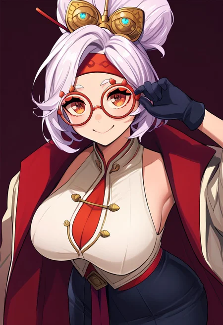score_9, score_8_up, score_7_up, score_6_up, score_5_up, score_4_up, source_cartoon, <lora:confetti-extract- ponyxl:0.85>, detailed eyes, easynegative, rating_explicit, Expressiveh, 1girl, solo,dismaiden,  
purah, big breasts, , close up, soft smile, hair ornament, red headband, red glasses, sleeveless shirt, white coat, black skirt, gloves,
