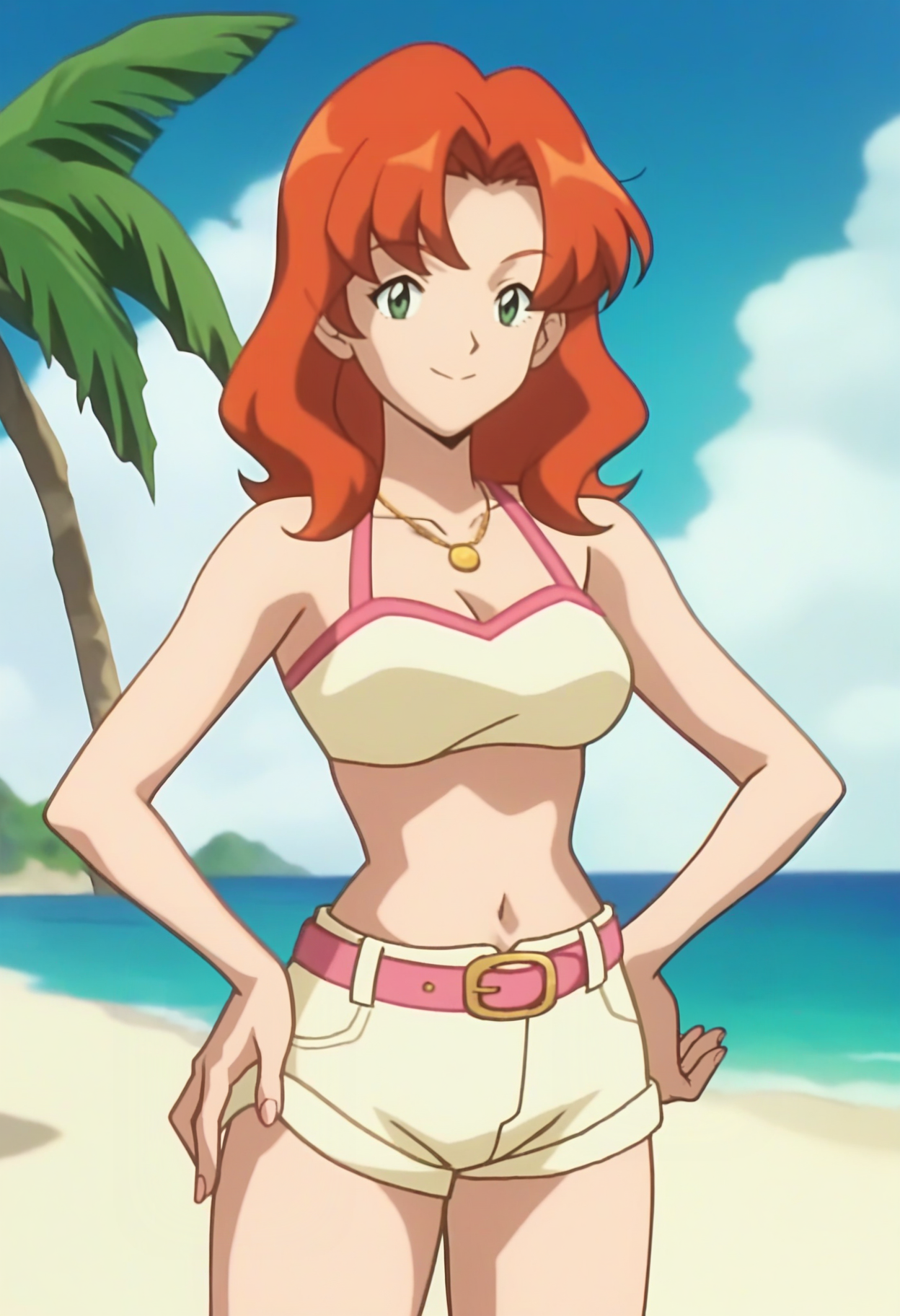 score_9, score_8_up, score_7_up, score_6_up, anime screencap, anime coloring, <lora:PMGC:0.8>, PMGC1, orange hair, bangs, medium hair, green eyes, aged up, 
gold necklace, crop top, navel, midriff, pink belt, shorts,
looking at viewer, smile, hand on own hip, full body, thighs, legs,
BREAK, beach, sunlight, palm tree, blue sky,